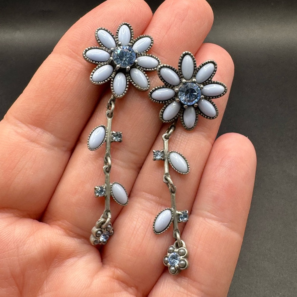 Vintage Signed Nina Ricci Blue Enam Flower Pewter Earrings